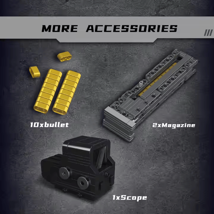 Image for bullet and Magazine and Scope collect. This is a realistic Mould King Kriss Vector pop gun building toy for kids and collectors, perfect for army toy enthusiasts.