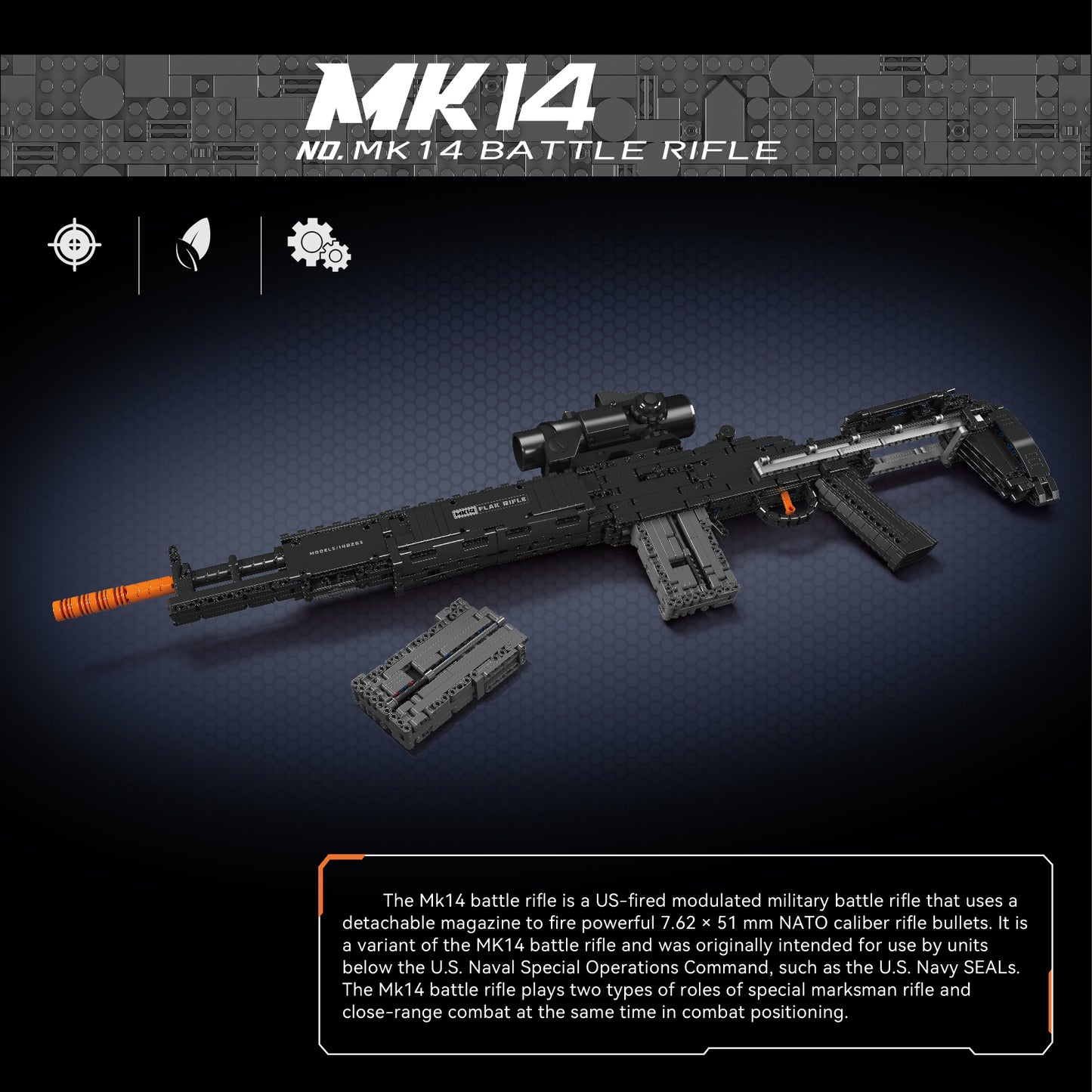 MK14 Rifle building block toy, a challenging 1606-piece construction toy for boys who enjoy military model replicas.