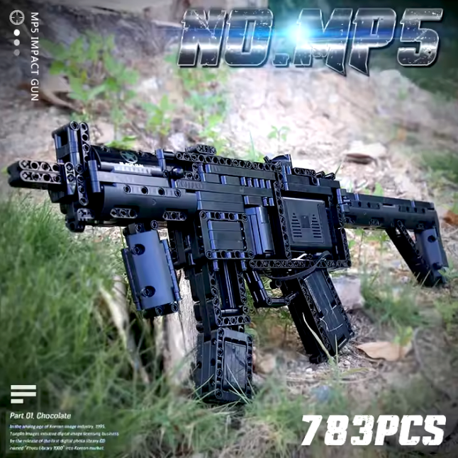 Realistic Mould King MP5 pop gun building toy, military-inspired construction set for kids interested in army toys.