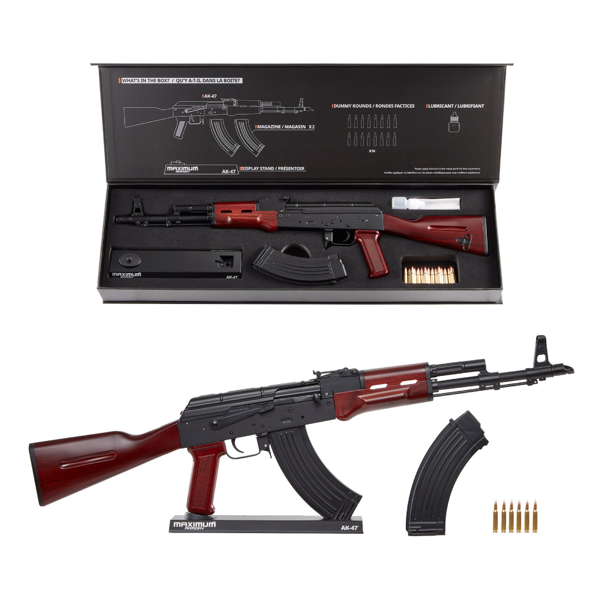 Side view of AK47 miniature replica showing die-cast metal construction