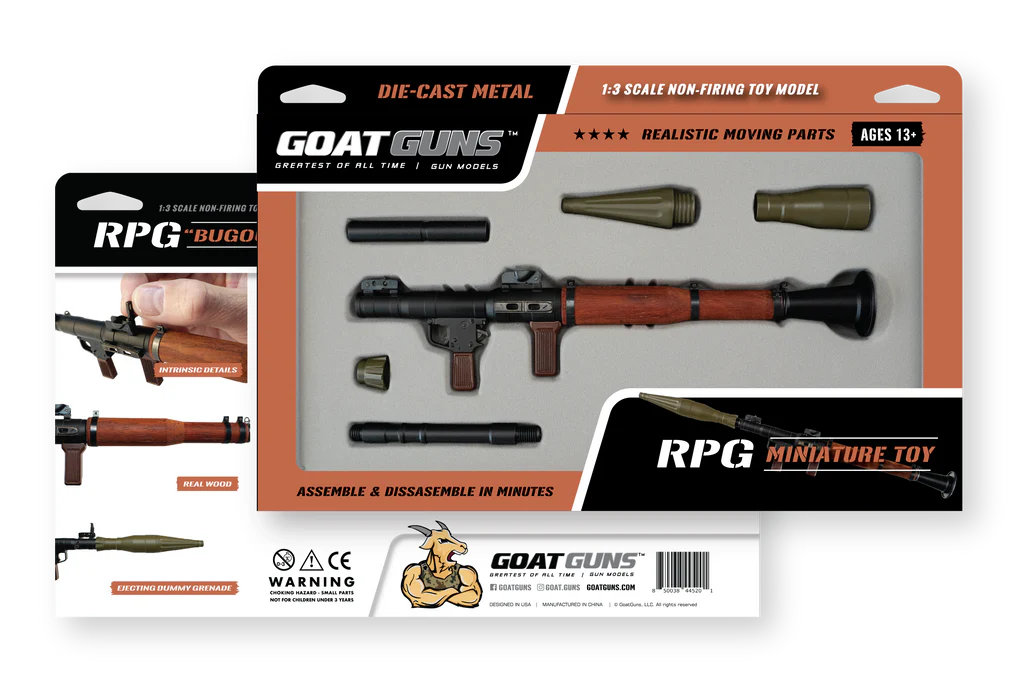 fully assembled GoatGuns RPG model with display stand