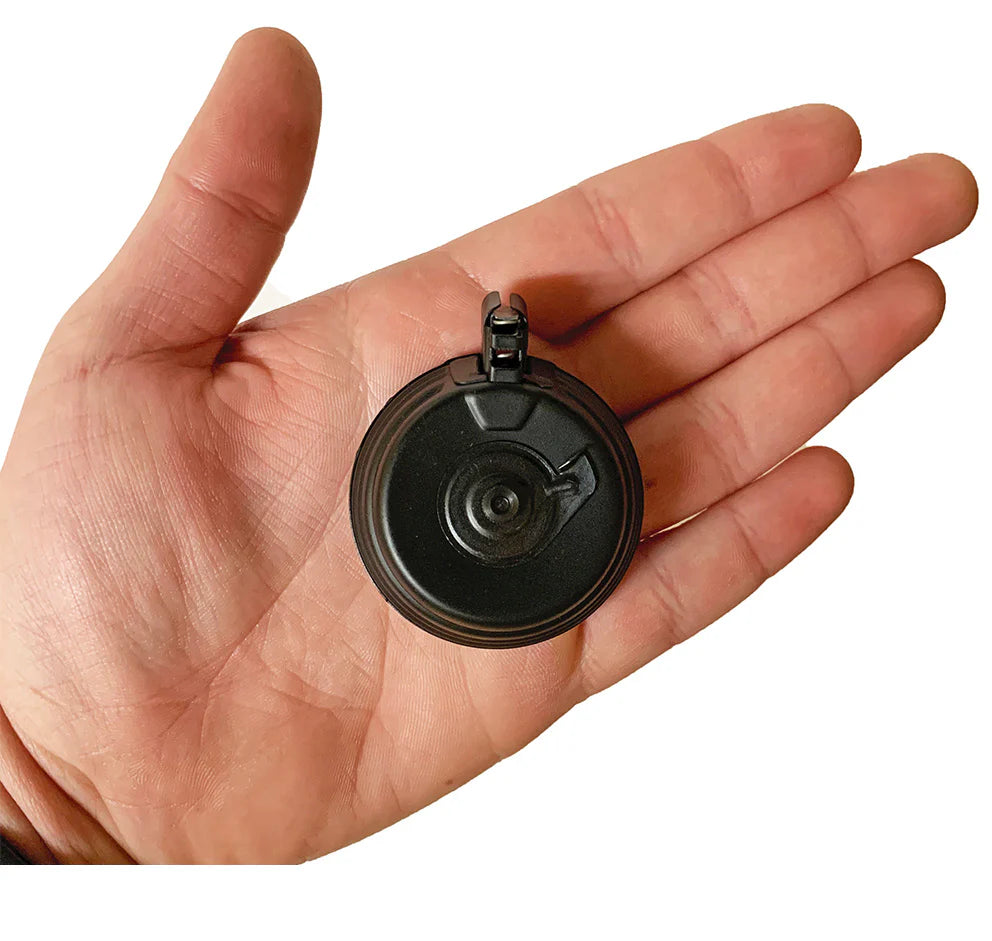 Die-cast metal AK drum magazine with 10-round capacity