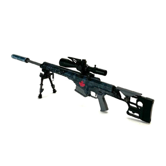 Front view of the GoatGuns MK22 sniper rifle toy with grey camo and maple leaf detail