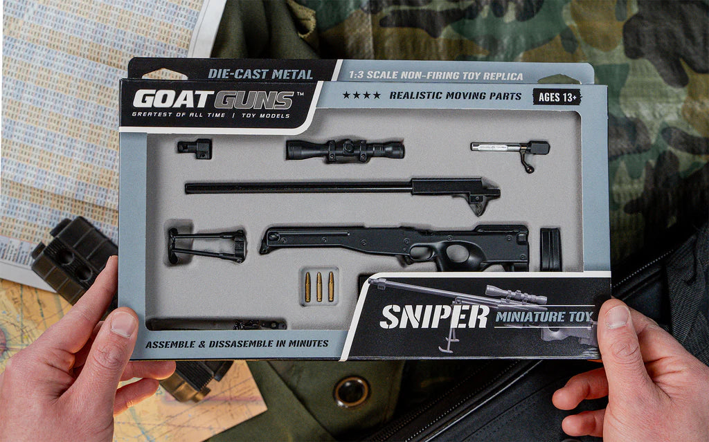 close-up of Panther L96A1 sniper rifle with tactical black finish