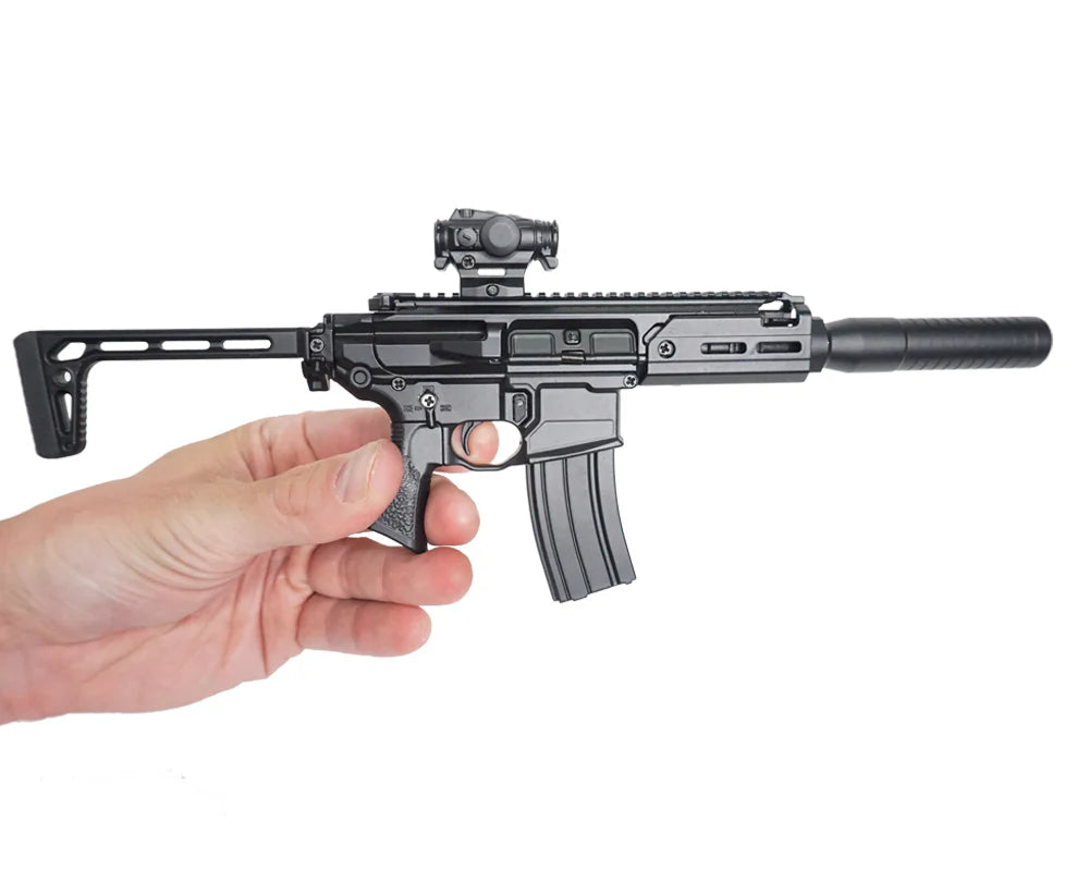 SIG MCX toy rifle on display stand with realistic features