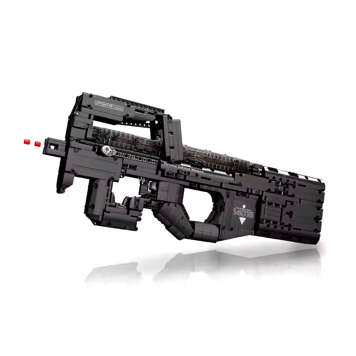 1589-piece Mould King P90 children's toy gun, military building block set for kids and collectors.