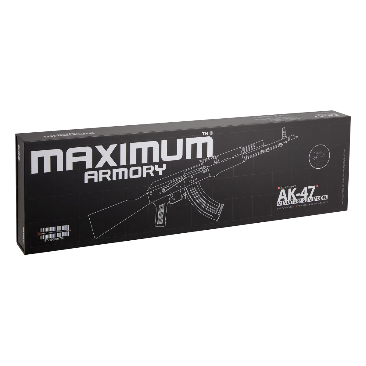 Disassembled AK47 miniature parts laid out – barrel, receiver, stock