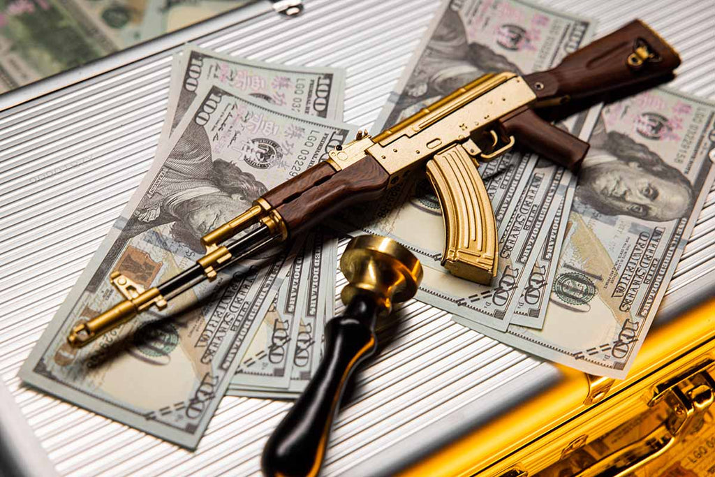 AK47 toy gun with gold body and wood-grain stock
