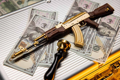 AK47 toy gun with gold body and wood-grain stock
