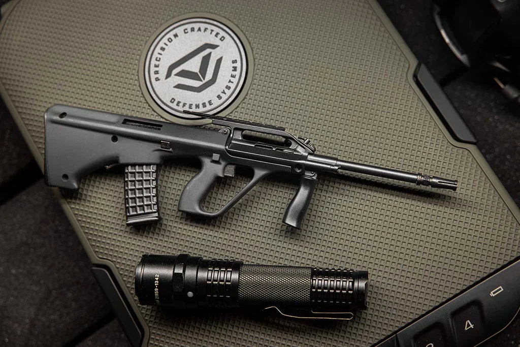 fully assembled Bullpup miniature rifle with stand