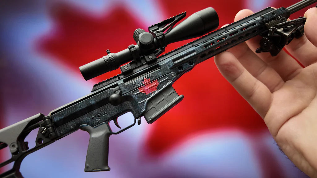 GoatGuns sniper rifle toy MK22 on display stand with maple leaf accents
