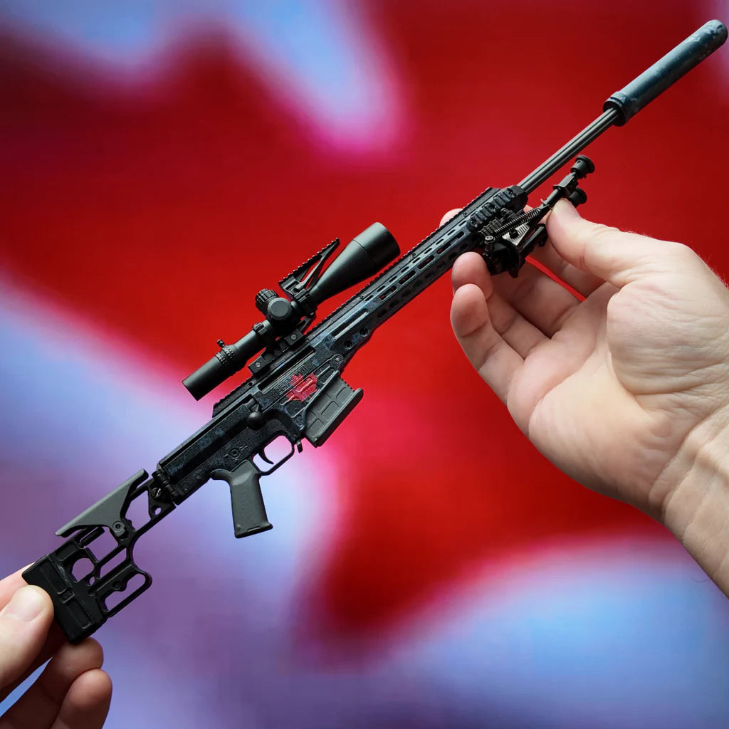 Unboxed view of GoatGuns sniper rifle toy including bipod, scope, and rounds