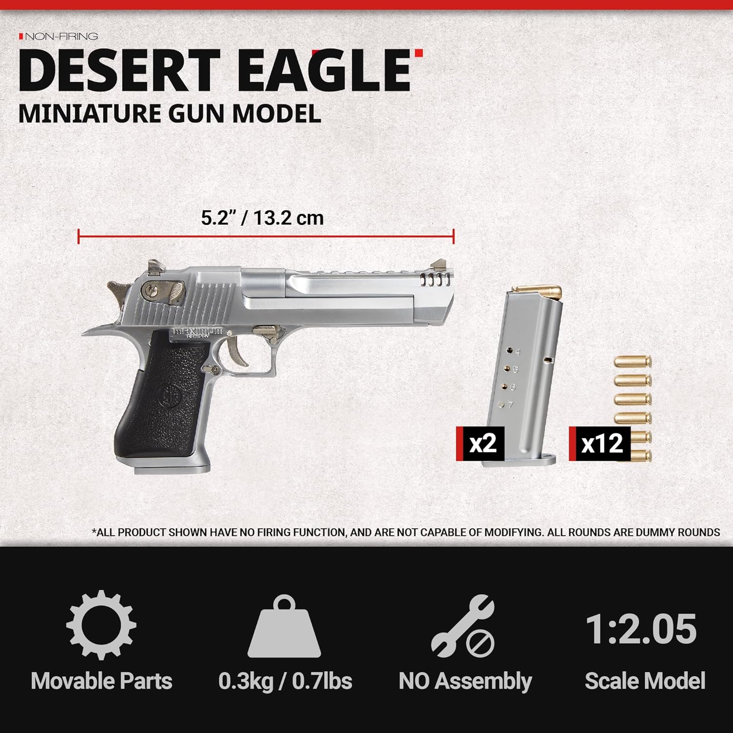 Side view of the Desert Eagle toy gun's grip and hammer in silver finish