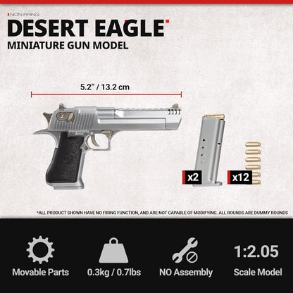 Side view of the Desert Eagle toy gun's grip and hammer in silver finish