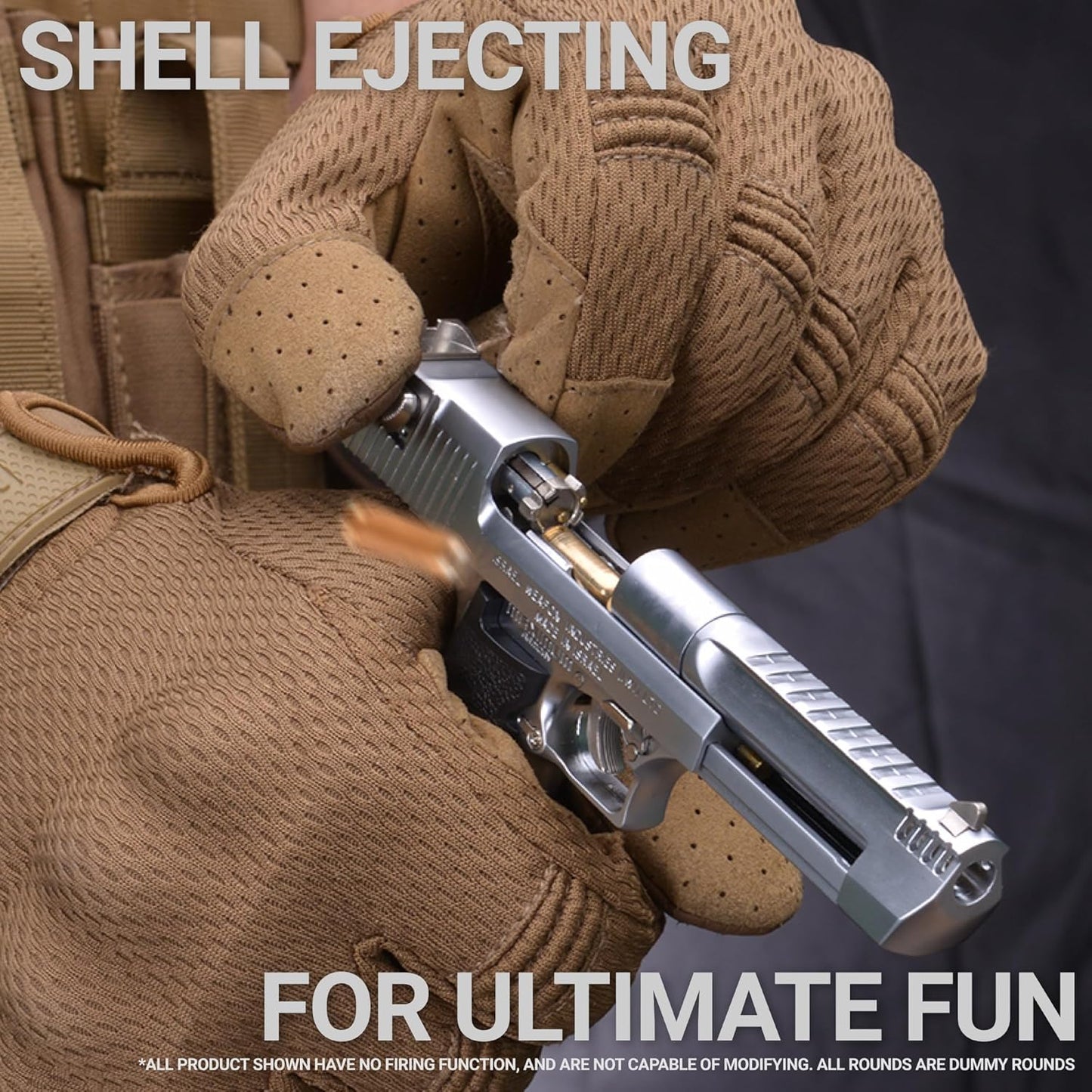 Silver Desert Eagle toy gun displayed on a wooden desk setup