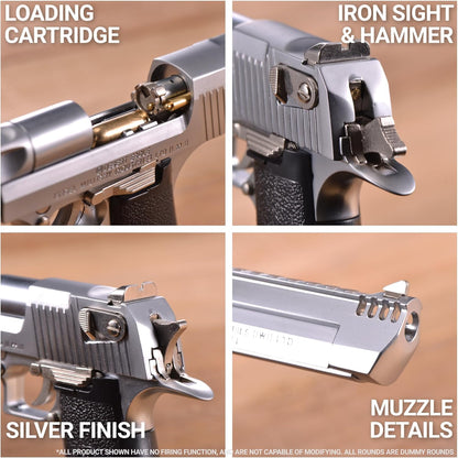 Toy gun Desert Eagle in silver, shown outside premium packaging